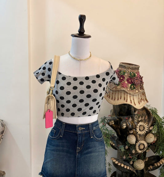 Grey Polka Dots Off Shoulder Top